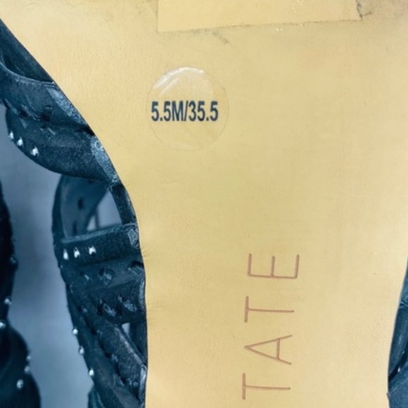 1. State Black Leather Cage Block Heel Lace Up Open Toe Studded Sandal Size 5.5 - Picture 8 of 8